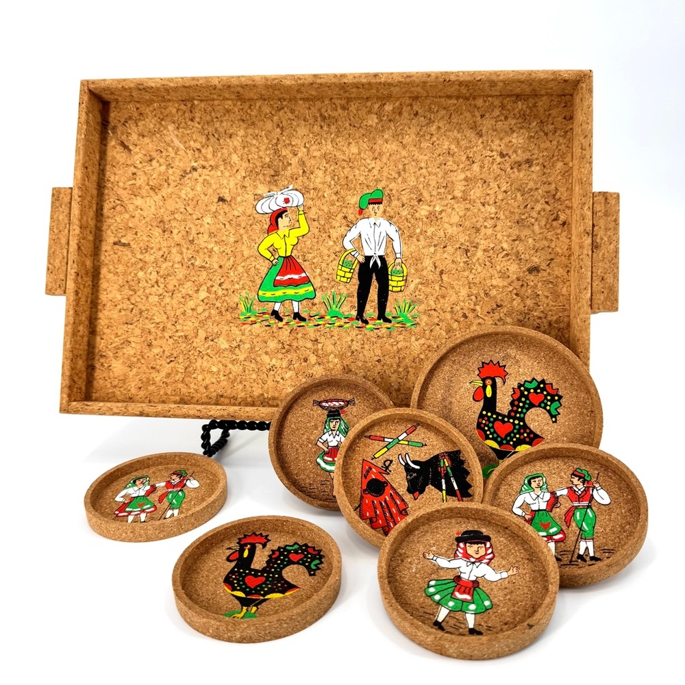 VTG  Handcrafted Portuguese Cork Tray & Coaster 8 Pc. Set